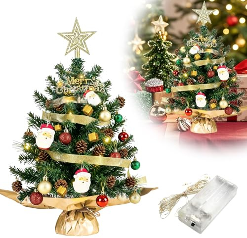 Mini Weihnachtsbaum 60cm, Kleiner Weihnachtsbaum mit Beleuchtung LED, Weihnachtsbaum Klein Künstlich Geschmückt, Geschmückt Tannenbaum DIY Tisch Christbaum für Weihnachten Deko Tischdeko