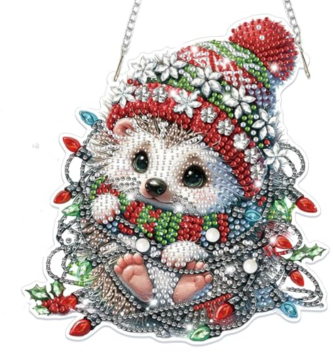 Lxmsja Weihnachten Diamond Painting Anhänger, 5D Diamond Painting Fensterbilder Igel für Erwachsene Kinder, Weihnachtsgeschenke Bastelset Kreativ Set Ornament Tür Fenster Wand Decor
