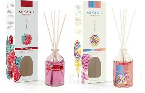 PCMOVILES Mikado Ambientador FRAMBUESA Y PIRULETA 100 ml – Pack de 2 Unidades – Aroma Fresco y Natural – Difusor de Varillas para Casa, Oficina y Armario