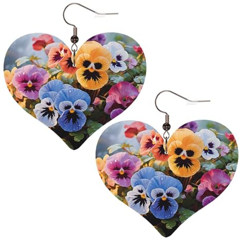 Pansy Flowers Leather Earrings for Women Heart Dangle Earrings Lightweight Drop Earring Jewelry Gift