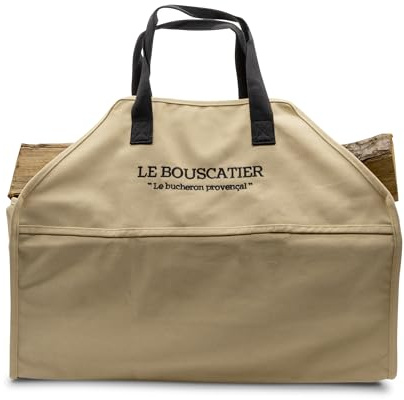 Sac de transport bois de chauffage robuste et résistant pour bûches - 60x46x26cm de 50L. Panier multi usage extra large, accessoire pour poêle, cheminée, brasero (Beige)