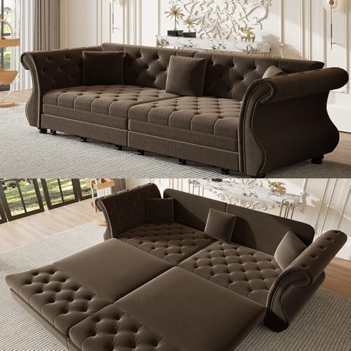 Tabaray 97.6'' Sleeper Sofa Bed King, Convertible Pull Out Couch, Chesterfield Futon Sofa Bed with Flower-Tuffed Back, Velvet Daybed, 3 Pillows, Loveseat Couches for Living Room, Small Spaces, Brown