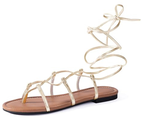 Sandali da donna gladiatore eleganti estivi con cinturino romano da donna con lacci in pelle piatta cinturino alla caviglia carino comodo casual, Oro, 39.5 EU