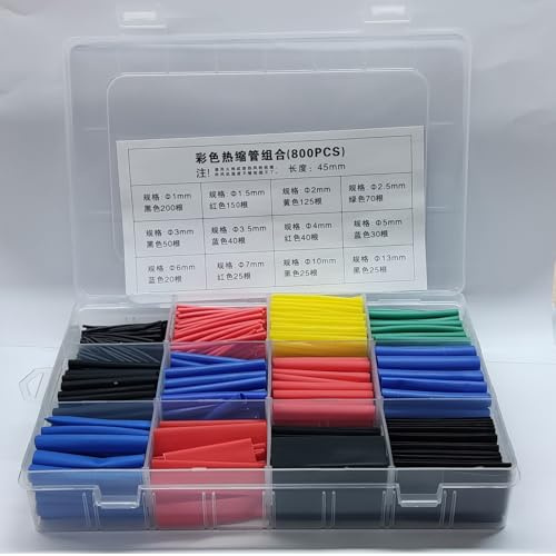 Kit assortito di guaine termorestringenti, 140, 780 o 800 pezzi, guaina per cavi in gomma, ignifuga, isolamento in gomma per riparazioni elettriche e progetti fai da te (800 pezzi)