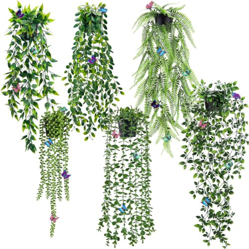 Der Rose 6 Pcs Fake Hanging Plants with Butterflies for Shelf Wall Decor