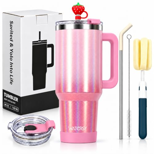 LeuKoles Watersy-termosmugg på 40 oz med handtag och sugrör, dubbelväggig rostfritt stål kaffemugg to Go (34 timmar kallhållande), vakuummugg för te, kalla drycker och kaffe (röd färggradien)