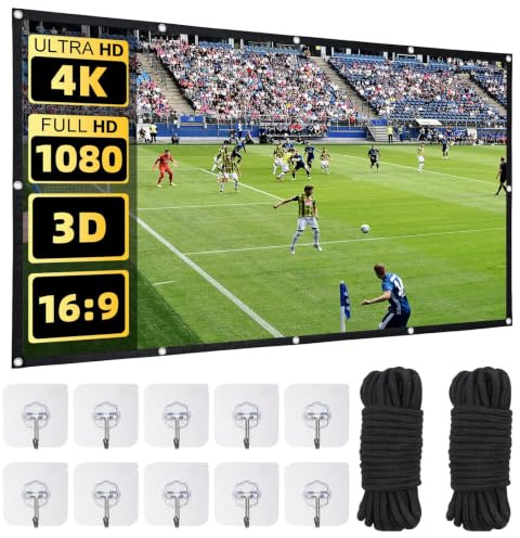 120 Inch Foldable Projector Screen – Pull Down Wall Mounted 4K HD Projection Screen with 16:9 Aspect Ratio, Foldable Home Cinema Screen for Indoor Outdoor Backyard Party