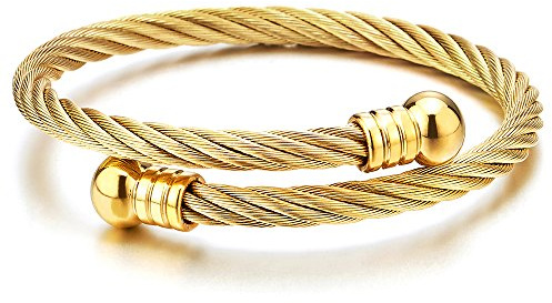 COOLSTEELANDBEYOND Elastische Verstellbare Damen Herren Armband Verdrehten Stahlkabel Offenes Manschette Armreif Goldfarben Edelstahl