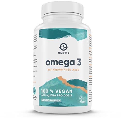 Omvits Vegan Omega 3 DHA from Algae Oil 1000mg - 60 Softgel Capsules with Vitamin E - Sustainable Algal Alternative to Fish Oil - Vegetarian Essential Fatty Acids - Supports Heart, Brain & Eyes