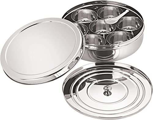 Tanish Trading Stainless Steel Masala Dabba – 8x8 inch Indian Spice Box with 7 Compartments for Kitchen Storage