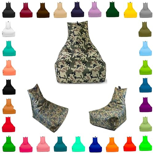 BuBiBag Sitzsack mit Rückenlehne – Gaming Sitzsack Kinder & Erwachsene | Beanbag Sessel gefüllt 70x80cm | Indoor & Outdoor Bodenkissen Sitzkissen | Oxford 600D wasserabweisend | Camouflage