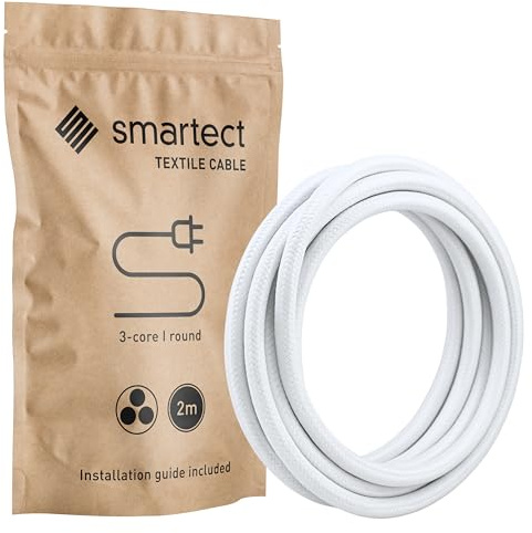 smartect Textilkabel 3-Adrig (3 x 0.75 mm²) Weiß, 2 Meter | Vintage Lampenkabel Stoff, Stromkabel textilummantelt für eigenes DIY Projekt