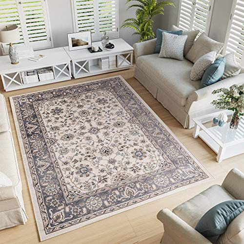 TAPISO Colorado Tapis Poil Ras Design Traditionnel Crème Gris Marron Motif Floral Ornamental Bordure Tapis Salon Chambre Bureau Oeko-TEX Résistant 60 x 100 cm