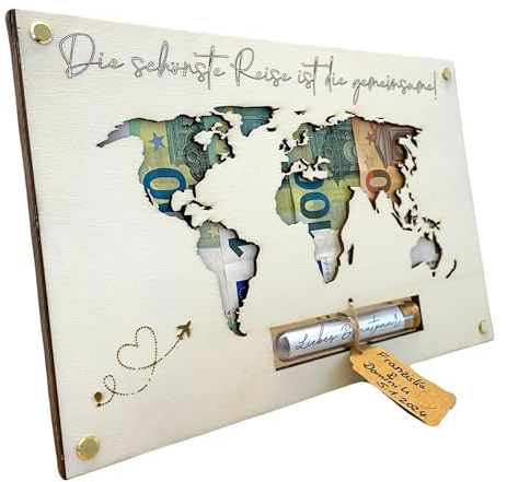 Geldgeschenk Weltkarte Hochzeit | Hochzeitsgeschenk für Brautpaar | Paargeschenk | Hochzeits-Geldgeschenk | Hochzeitskarte aus Holz | Flitterwochen-Geschenk | Personalisierbar im Reagenzglas