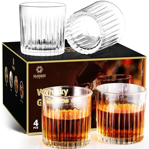 GLASKEY Whiskey Glasses Set of 4, 300ml Lead-Free Crystal Whiskey Tumbler, Dishwasher Safe Rocks Glass Rum Cocktail Drinkware Cut Glass,Whiskey Glasses Gift for Men