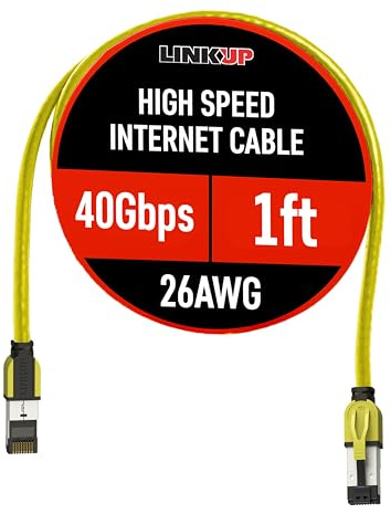 LINKUP - [Certificato 40Gbps Cavo Patch Ethernet Cat8 con Doppia Schermatura┃2000MHz (2GHz) Cat8.1┃Cavi LAN a Prova di Futuro Compatibili con Cat7A Cat7 Cat6A Reti 25G 10G 1G┃Giallo┃1ft (0.3 metri)