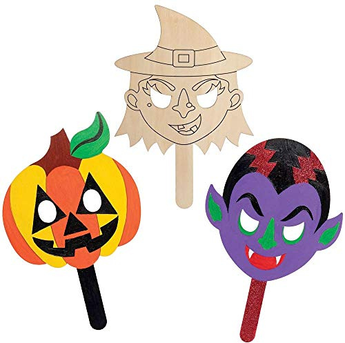 Baker Ross AX225 Halloween Holzmasken Bastelset für Kinder - 4 Stück, Kreative Künstler- und Bastelbedarf zum Basteln und Dekorieren in der Herbstzeit