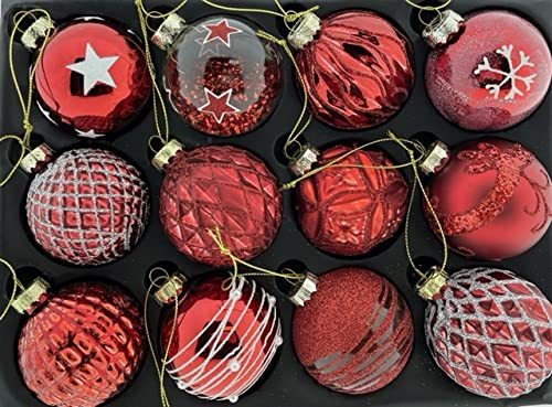 12er Set edle Luxus Glas Weihnachtskugeln Ø 6cm Weihnachtsbaum Kugeln Christbaumkugeln Weihnachts-Deko Christbaum-Schmuck (Rot)