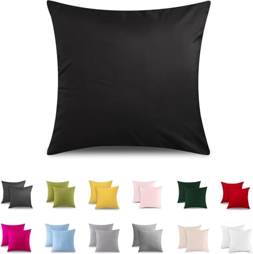 ATsense 2er Set Kissenbezug 40x40 cm - 100% Baumwolle, Schwarz Kopfkissenbezug Weich und Hypoallergen, ÖkoTex Zertifiziert, Kissenhülle mit Reißverschluss für Allergiker Geeignet