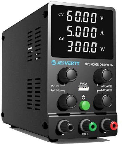 Jesverty Labornetzteil, Jesverty Labornetzteil DC Regelbar Netzgerät(60 V, 5 A) mit hochpräzisem 4-stelligem LED-Display, 5 V/2 A USB-Port-Testleitungsausgang, grobe und feine Einstellungen SPS-6005N