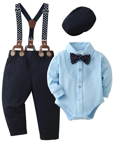 ZOEREA 4tlg Baby Jungen Kleidung Set 0-18M Taufbekleidung Strampler mit Fliege + Hosenträge Baby Bekleidungssets Gentleman Anzug für Festliche Hochzeit