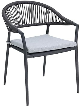 METRO Professional Gartenstuhl mit Armlehne und Kissen, Stahl/PE Rattan, 57x63x79 cm, Stapelbar, Wetterfest, 150 kg Tragkraft, Grau