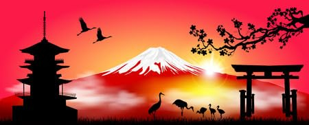 adrium Acryl-Bild 70 x 30 cm: Silhouette Fuji-Berg bei Sonnenaufgang. Fuji gegen den roten Himmel und die aufgehende Sonne. Landschaft, Berg Fuji. Berg Fuji (115318638)