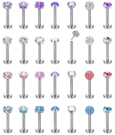 LOLIAS 28 Stück Lippenpiercing Edelstahl 16/20G 6/8mm Labret Tragus Piercing Schmuck Stern Herz CZ Opal Medusa Ashley Piercing Lippen Piercings Stecker für Damen Herren Silber Ton