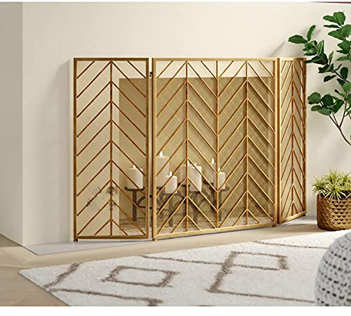 Fire Guard 3 Panel Folding Fireplace Screen Mesh, Baby Safe Proof Fence Spark Guard Cover, Wrought Iron Gold Metal Fire Place Standing Gate
