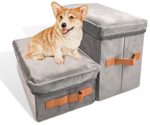 Dayard Hundetreppe mit Stauraum, Faltbare Hundetreppe für Sofa Hohe Betten, Tragbare Haustieraufbewahrung Stepper für Kleine Haustiere Hunde Katzen, 2 Stufen Grau