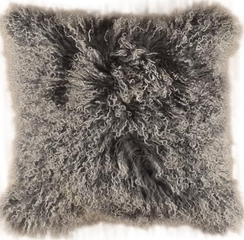Kuhfelle Online & Nomad Tibet Lammfell Kissenbezug Grau aus echtem Tibet Lammfellen 50 x 50 cm Schaffell Kissen mit weichem Löckchen XL