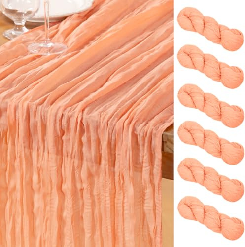 DeZerlor Pfirsich Seihtuch-Tischläufer 6er Pack Frühling Ostern Tischläufer Boho Gaze 305 cm Käsetuch Tischdekoration für Hochzeit Braut Babyparty Partys