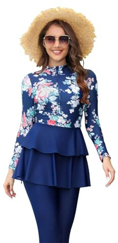 OBEEII Burkini Damen Muslim Bademode Modest Solid Color Islamische Arabische Muslimische Badeanzug Langarm Oberteil + Schwimmhose +Hijab 3tlg Full Body Swimsuits Badeanzug Blau S