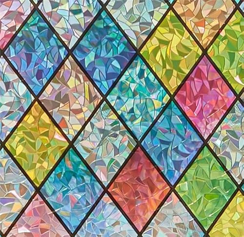 Lifetree Stained Glass Window Film Privacy, Colorful, 44.5 * 300 cm | Static-cling Crescent Pattern Decorative Film for Glass Windows, 3D Rainbow Effect, UV-blocking for Bathroom, Home & Office