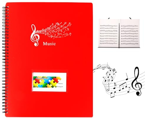 A4 Notenmappem, Notenblattordner, Notenordner Klavier, Notenhefter für Musiknoten, Dokumentenmappe Sammelmappe, Spiralhefter Kunststoff für Notenblätter Chor 30 Fächer/60 Seiten (Rot)