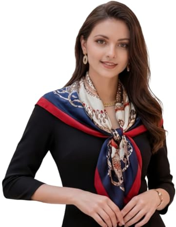 LA FERANI Damen Seidentuch blau weiß rot Stil Satin Halstuch quadratisch formelle Anlässe Tuch Umschlagtuch leicht 90x90cm Geschenk für Sie (Model 11)