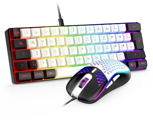 RedThunder K62 60% Verkabelte Gaming Tastatur und Maus Set, QWERTZ DE Layout, Ultraleichte mit Wabenkonstruktion für PC MAC PS5 Xbox Gamer (Weiß - Schwarz)
