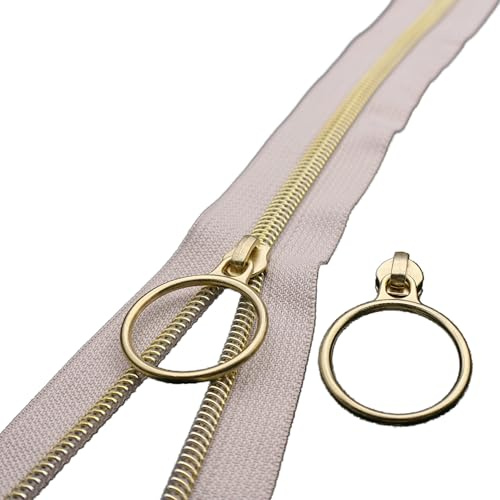 Leekayer #5 Gold Metallic Nylon Coil Zippers by The Yard Bulk 10 Yards Beige Zipper Tape with 25pcs Gold Ring Pull Sliders for DIY Sewing Tailor Craft Bag(Beige)