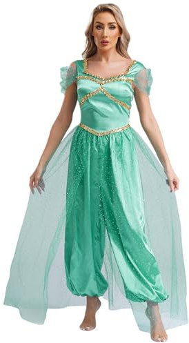dPois Damen Arabische Prinzessin Kostüm Jumpsuit Einteiler Stramper Overall Bauchtanz Kostüm Belly Dance Costume Türkis L