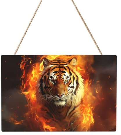 Holzkreise zum Basteln, 20,3 x 30,5 cm, Holzscheiben, cooler Tiger in Flamme, Holz-Türhänger, Hängeschild, rechteckige Holzscheiben mit Bindfaden, Holzornament für Schild, Türhänger, Zuhause, Urlaub