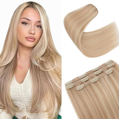 S-noilite Clip in Extensions Echthaar Aschblond＆Gebleichtes Blond 50cm 80g Extensions Clip in Echthaar Haarverlängerung Glattes 3 Stücke