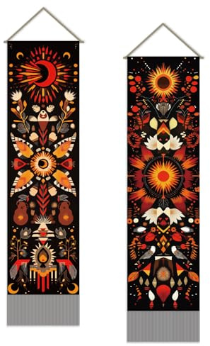 SUPERDANT 2 x Wandteppich Mit Sonne Und Mond Modern Bunt Totem Wandbehang Langer Vertikaler Quasten Wandteppiche Mit Stangenseilen Für Schlafzimmer Wohnzimmer Flur Büro Dekoration