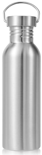 Volhoply 780 ml rostfritt stål enkelvägg vattenflaska med handtag, diskmaskinssäker, ingen plast 18/8 304 metallflaskor för camping, vandrare, cyklister med bred öppning, lätt att bära vattenflaska