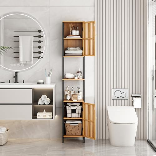 Sanless Colonne Rangement Salle de Bain/Meuble de WC - Gain de Place, Noir et Bois Clair – Structure MDF + Bambou Véritable – Finition Bois Naturel – Déco Zen, Idéal pour Toilettes et Salle de Bain