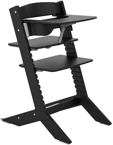 Geuther Kinderhochstuhl Holz Nala, Set Hochstuhl Baby + Tisch, mitwachsender & ergonomischer Kinderstuhl, höhenverstellbar mit One-Click-System, Babystuhl belastbar bis 90kg I Farbe Schwarz