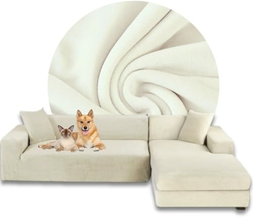 Domidekor Sofa Überzug L-Form – Elastischer Samt Couchbezug, Weich und Wasserdicht – Couch überzug fur 2/3 Sitzer, Sofaüberwurfe mit Anti-Rutsch-Schaumstoffe, Creme, Rechts