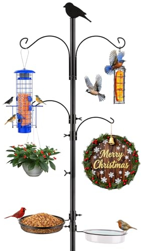 InstyQ 4 Hook Bird Feeding Station Kit,75in Heavy Duty Shepherd Hooks for Outdoor,Birds Feeder Stand Pole with 5 Prong Base|Metal Suet Feeder|Birds Bath|Mesh Tray,Planter Hanger