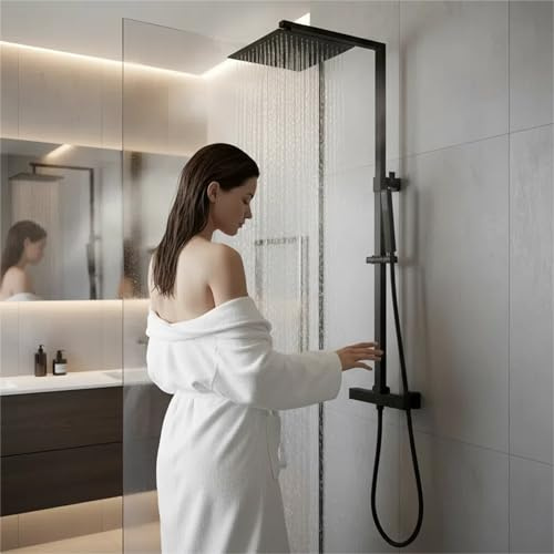 YOOZENA Shower Mixer Set,Thermostatic Shower Mixer,Square Rainfall,Adjustable-Height Shower Set for Bathroom,Thermostatic Shower System,Black