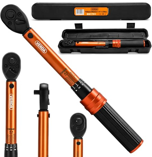 Verda Drehmomentschlüssel 1/4 1-25 Nm, Teleskopratsche im Koffer, ± 4%, Click-Torque, für Auto & Motorrad, Gesamtlänge 24 cm Chrom-Vanadium-Stahl,Drehmomentschlüssel Fahrrad ±4%