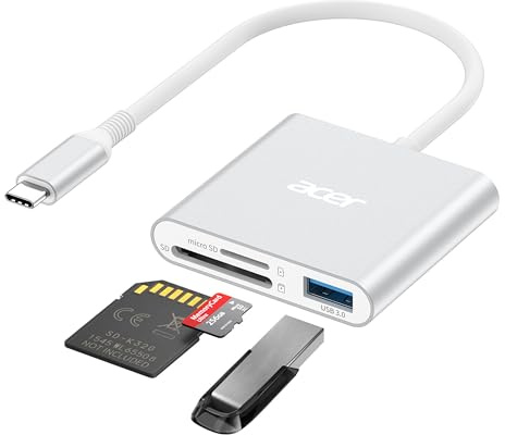 Acer SD Card Reader USB C, 3 in 1 Memory Card Reader with Dual Slots & USB 3.0, Micro SD Card Adapter for iPhone 16/15 Compatible with Camera, Android, MacBook Pro/Air, Laptop (Silver)